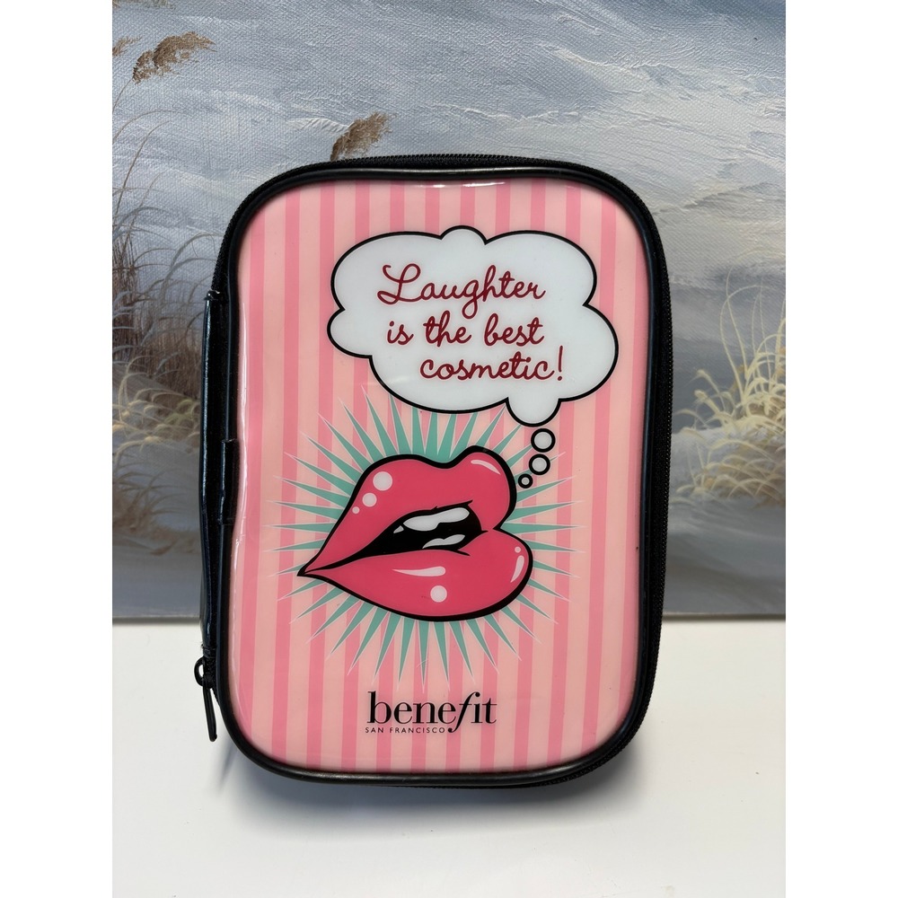 Benefit Cosmetics Pink Striped Pop Art Makeup Bag Laughter Is The Best Cosmetic